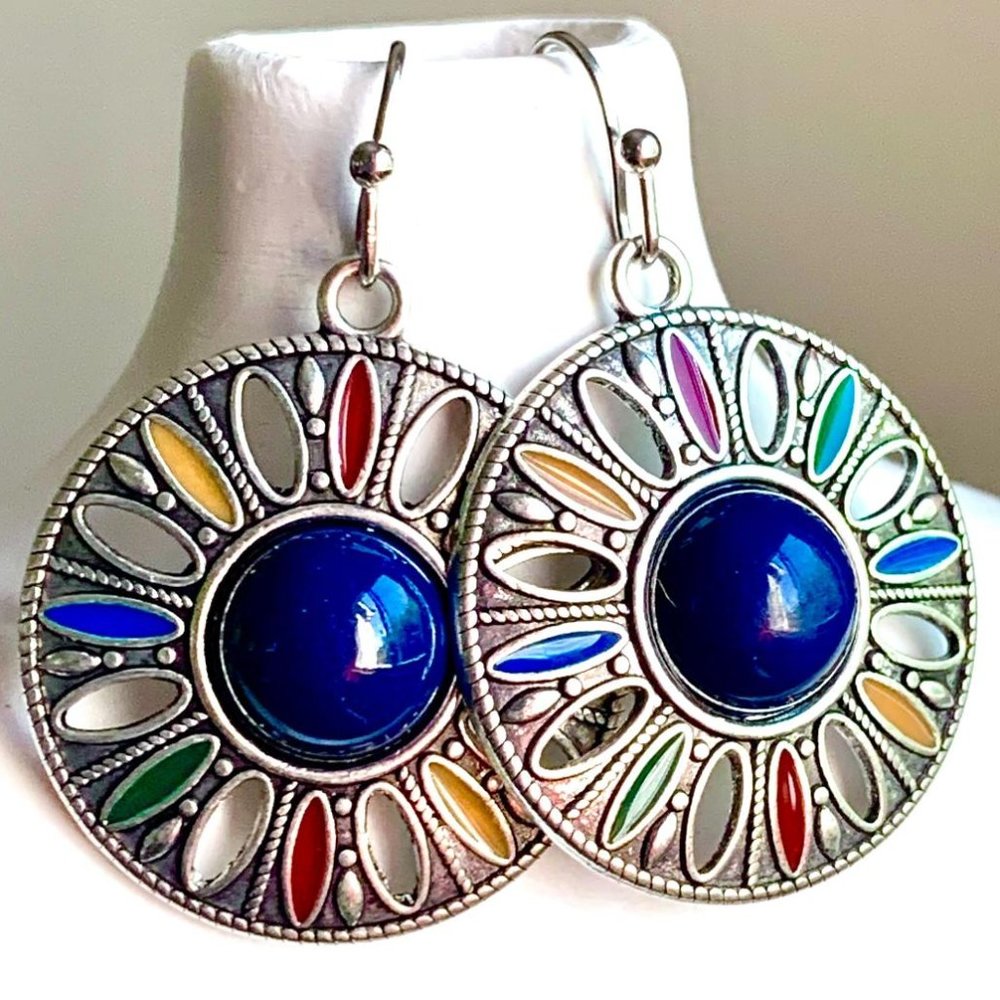 Boho Bohemian Round Cut Out Blue Bead Multicolor Silver Circle Dangle Earrings